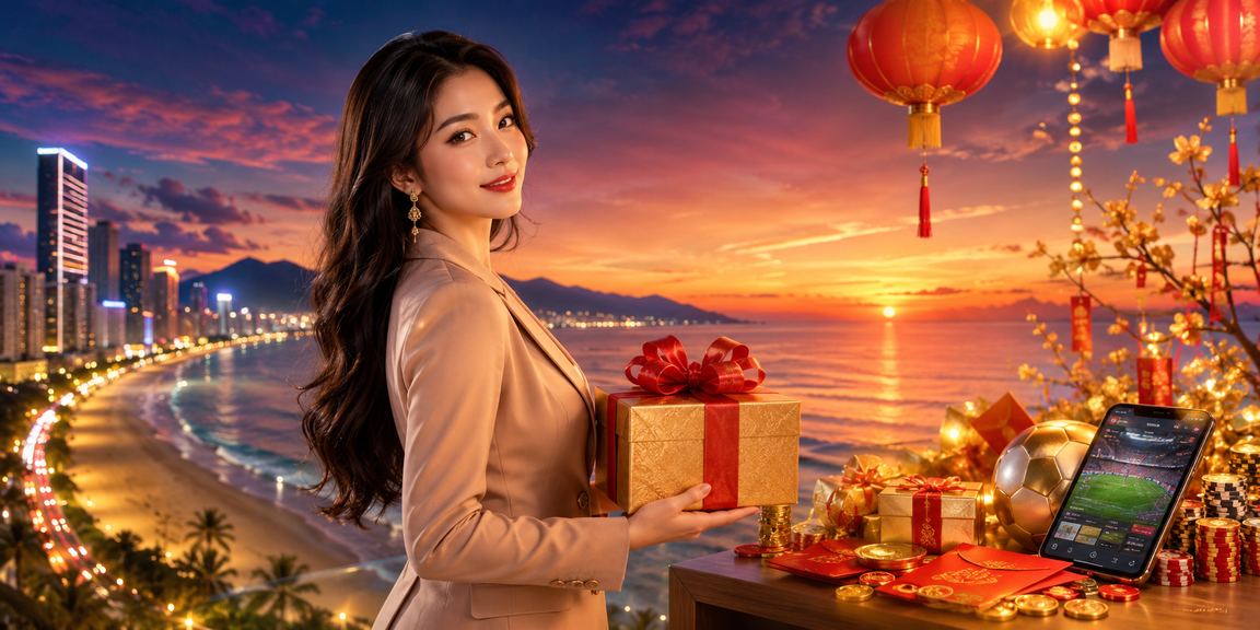 Khung cảnh Đà Nẵng về đêm với đèn lồng và màn hình hiển thị kết quả cá cược thể thao trực tuyến