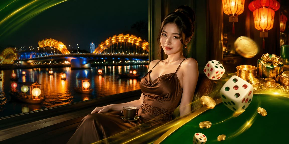 Người chơi thưởng thức trò tài xỉu trực tuyến với xúc xắc neon bên ly cà phê Việt tại Đà Nẵng