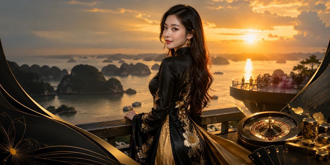 Phụ nữ mặc áo dài truyền thống thưởng thức trò chơi casino trực tuyến với khung cảnh Vịnh Hạ Long tráng lệ phía sau